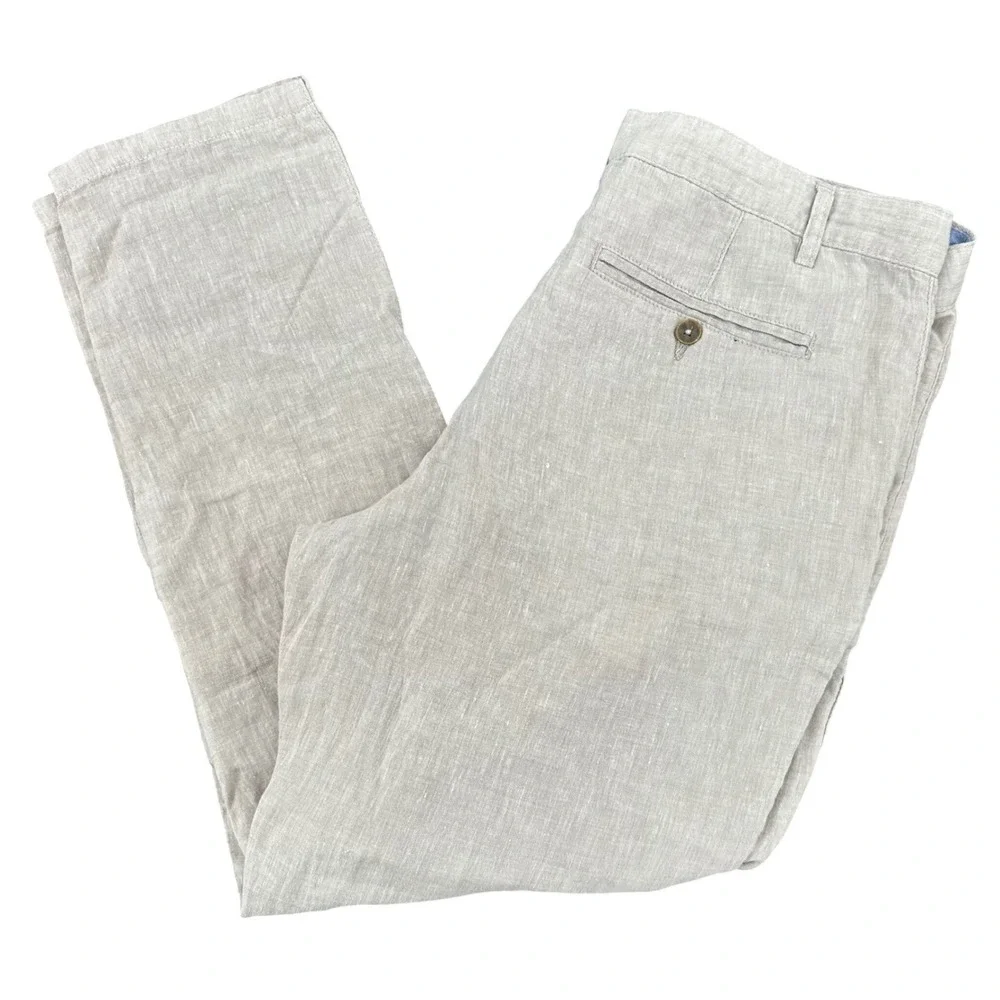 HM Mens 100% Linen Pants Mens 36 Oatmeal Beige Drawstring Straight Leg Trousers